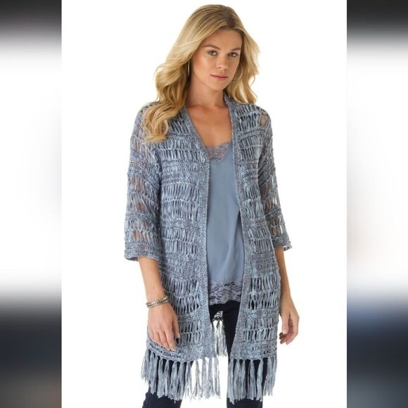 Chico's Sweaters - Chico's size 0 blue crochet net open front cardigan with tassels